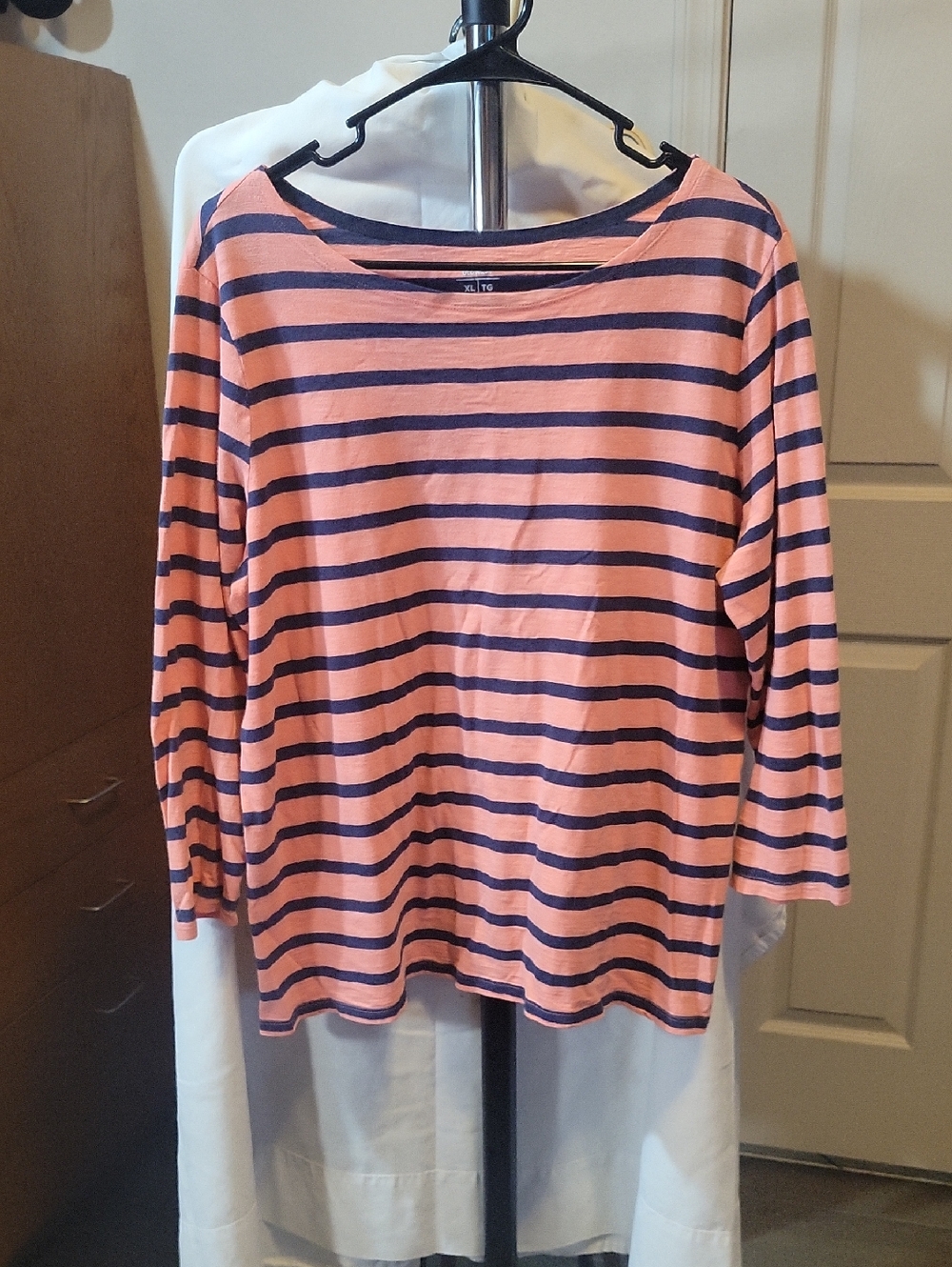 Old Navy Coral and Navy Striped Crew Tee